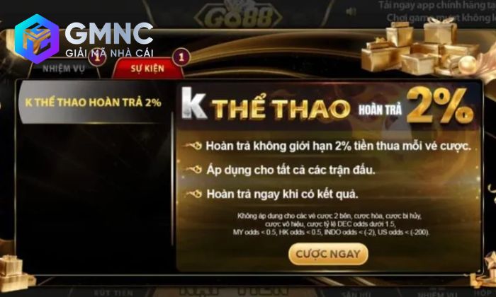 Hoàn trả lên đến 2% tại Go88 dành cho tất cả người chơi